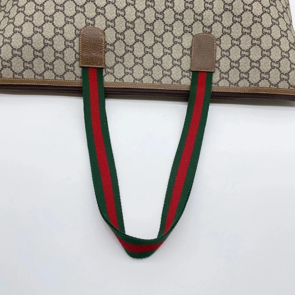 Auth Gucci GG Plus Beige Sherry Line PVC x Leather Brown Tote Bag